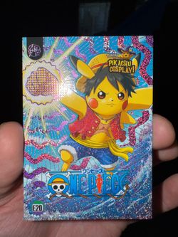 Pikachu Cosplay!" card featuring Pikachu dressed as Monkey D. Luffy from One Piece.