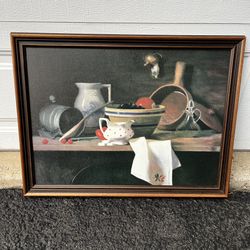 vintage print of a still life kitchen scene in wooden frame - Chardin inspiration (read description)