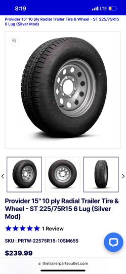 15" 10 ply Radial Trailer Tire & Wheel - ST 225/75R15 6 Lug