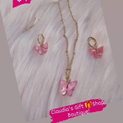 Cute Set Of  Butterfly Necklace & Earrings