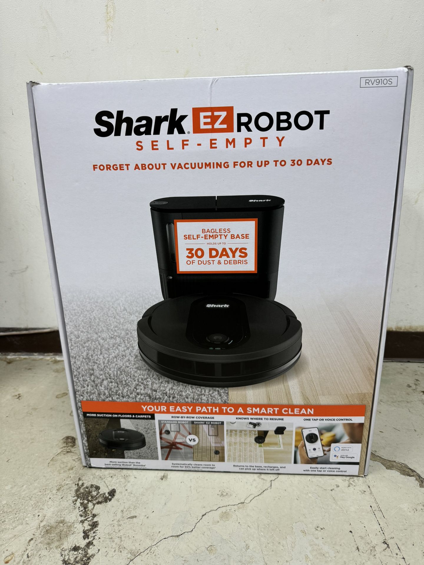 Shark° EZ Robot Vacuum with Self-Empty Base, Row-by-Row Cleaning, Powerful Suction, Perfect for Pet Hair, Wi-Fi, Carpets & Hard Floors, RV9105