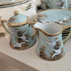 Antique Japan Teal Gold Gilt Jeweled Hand Painted Flying Swan Geese Set