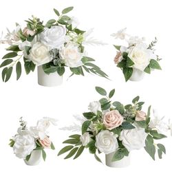 Ling's Moment White & Sage Artificial Flowers with Vase Wedding Decor Centerpiece Flower Potted for Ceremony Reception Tabletop Desk Flowers Mantel Ar