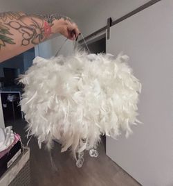 White Feather & Crystal Beads Hanging Light Fixture