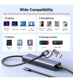 UGREEN USB C Capture Card 1080P 60FPS 2K@30Hz Type C to USB-A/C Input Video Capture Card USB 3.0 100W Fast Charge Gaming, Streaming, Compatible with