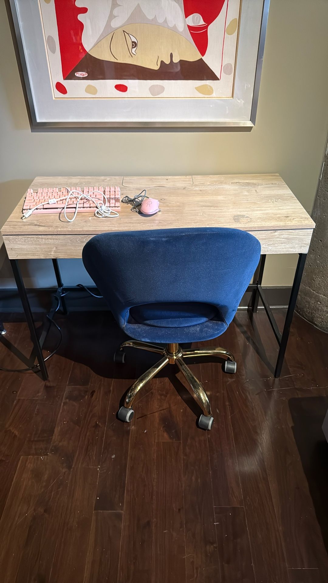 Writing desk, roller chair, gaming keyboard, & gaming mouse