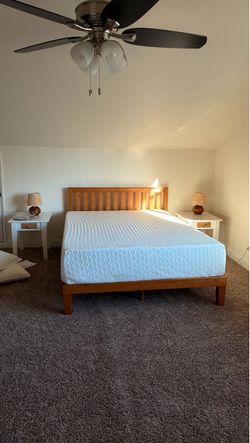Queen Bedroom Set — Wood Bed Frame, Mattress, and 2 End Tables
