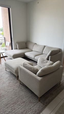 Castlery Lena Performance Fabric Living Room Set – L-Shape Sectional + Ottoman + Armchair