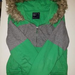 American Eagle size Medium Faux Fur Trimmed Color Block Hoodie Jacket