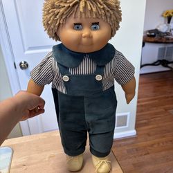 Vintage 1980's David Craft Doll 20" Boy Lincoln Wood Blue Eyes Corduroy Overalls