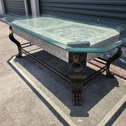 Vintage Lion Head Glass Top Coffee Table – Cast Iron & Stone Hollywood Regency Style