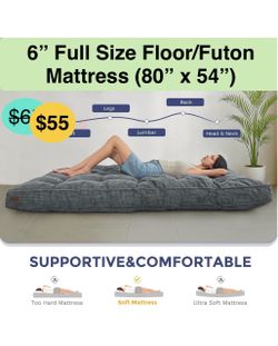 6" Full Size Floor/Futon Mattress, Tufted Futons Sofa Couch Bed with Twisted Rope Design Edging, Thick Corded Fabric Floor Mattress for Adults, Shredd