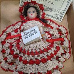New Katherine's Collection Mary Ann Porcelain Doll  With Red And White Crochet Dress By Wayne Klesky