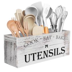 Extra Large Kitchen Utensils Holder with 4 Compartments, Wooden Utensil Organizer for Kitchen Countertop, Farmhouse Decor, Rustic Cooking Utensil 