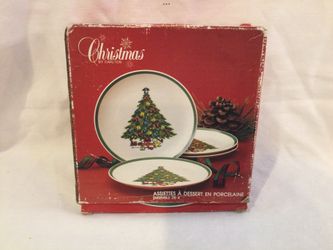 Vintage 1986 Christmas by Carlton Porcelain Cake Snack Plates Set 4 - NEW IN BOX