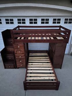 Solid Wood Twin Size Bunk Bed Frame
with Reading Desk,Bookshelves and stairs cabinet, lots of drawers for storage/ clothes