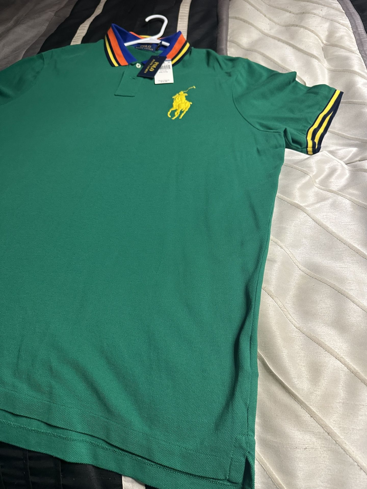 Polo Ralph Lauren Men's Green Polo Shirt with Multi-Colored Collar (XXL)