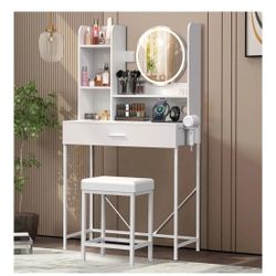 Vanity, Vanity Desk with Mirror and LED Lights, 36" White Makeup Vanity Table Set with Large DIY Storage Drawer, Power Outlet, for Bedroom, 3 Lighting