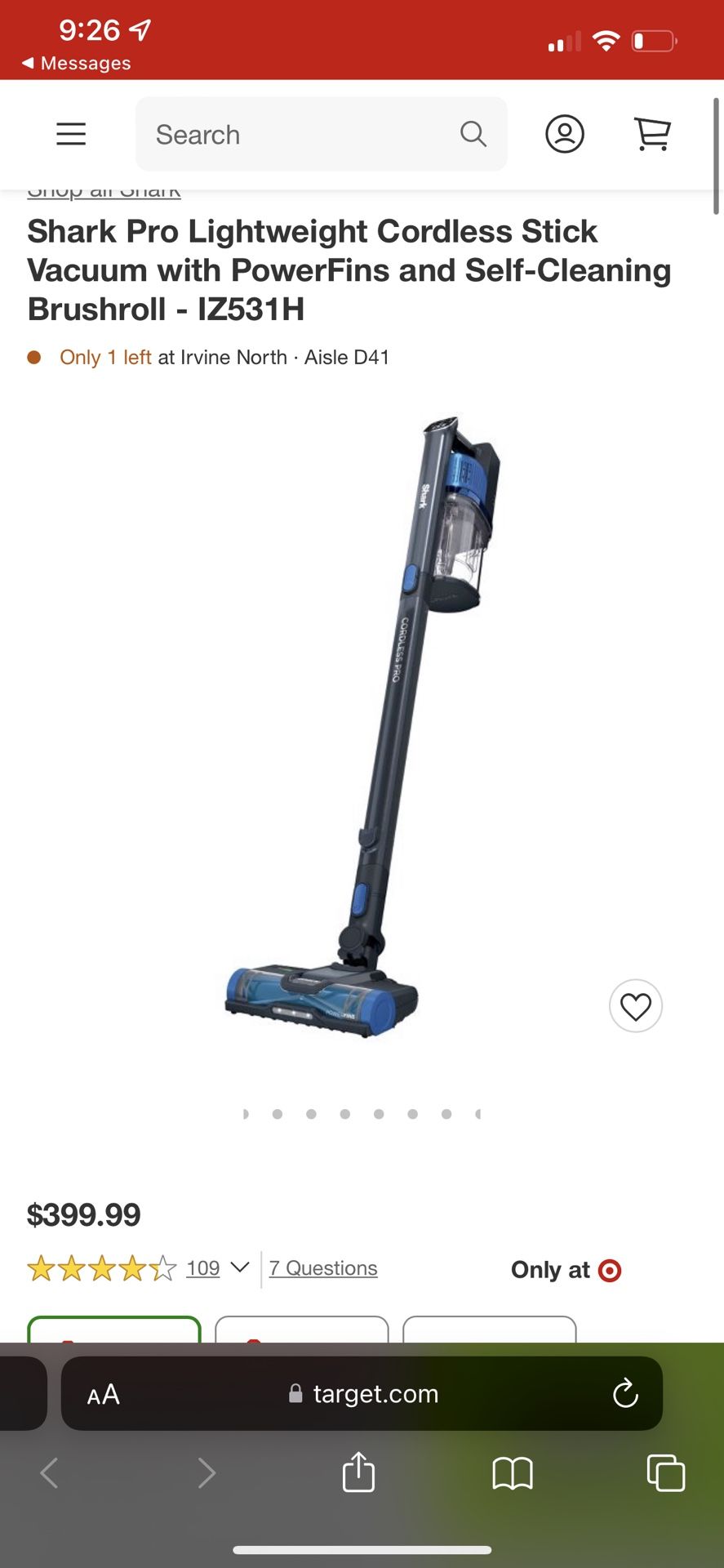 Shark Pro Lightweight Cordless Stick Vacuum with PowerFins and Self-Cleaning Brushroll, IZ531H