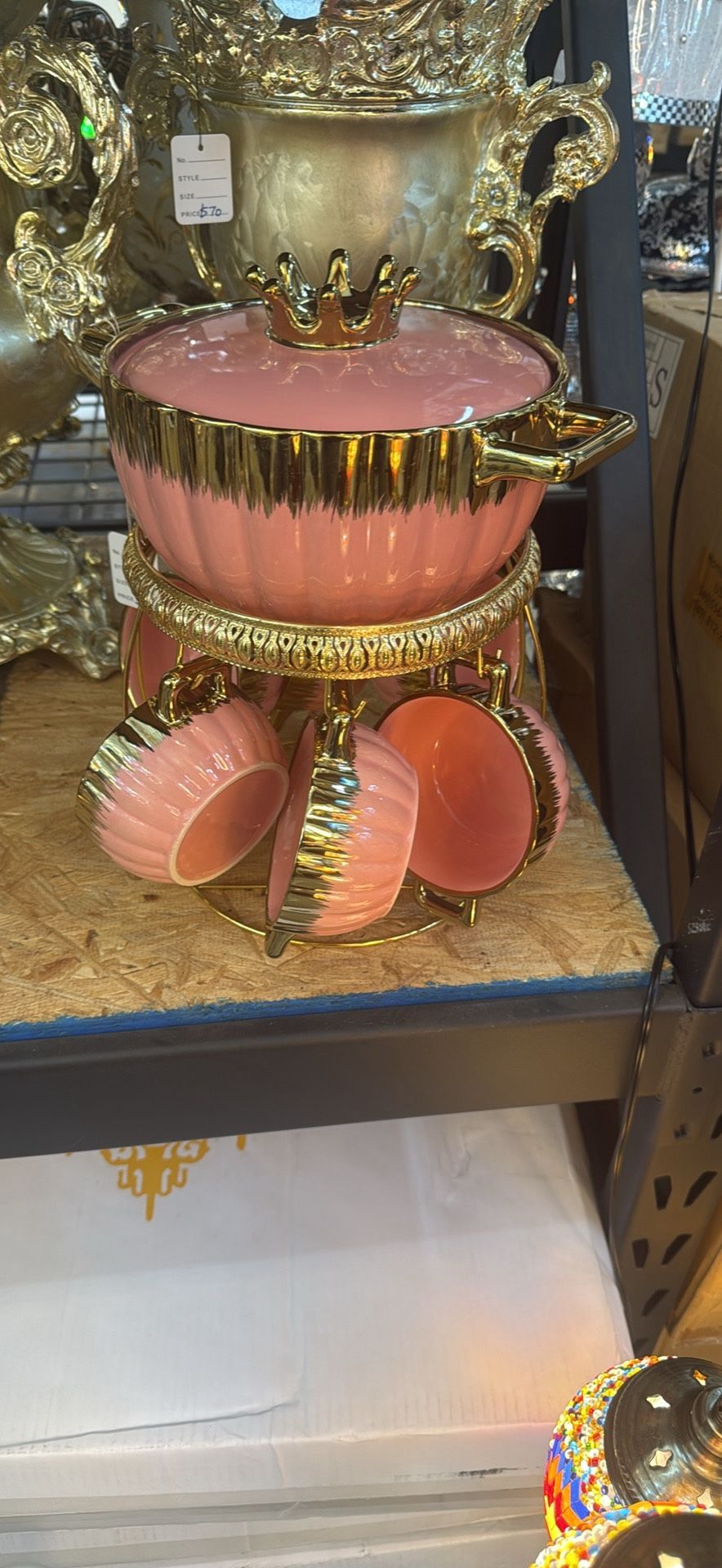 Elegant Pink Ceramic Tea And Coffe Set With Gold Accent- Pot With 6 Cups And Stand