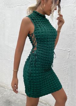 Green Waffle Knit Lace-Up Mini Dress