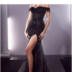 Prom Dress xL Black sequin embellished off the shoulder mermaid maxi dress with thigh Slit