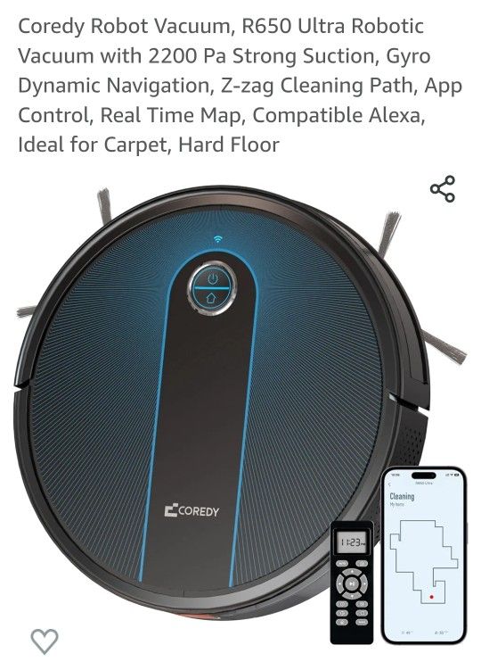 Coredy Robot Vacuum, R650 Ultra Robotic Vacuum with 2200 Pa Strong Suction, Gyro Dynamic Navigation, Z-zag Cleaning Path, App Control, Real Time Map, 