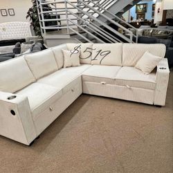 Brand New 3-pc Convertible Sectional Sofa With Storage,Pullout Bed, And USB Port 