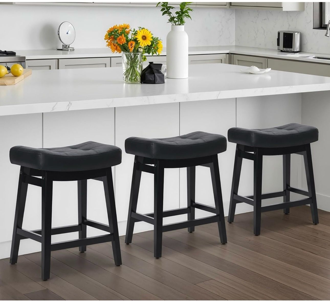 Counter Height Black Bar Stools Set of 3 for Kitchen Counter Farmhouse Modern Barstools with Faux Leather Upholstered Backless Seat and Solid Wood Leg
