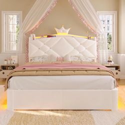 Full LED Bed Frame with Storage Headboard & 2 Storage Drawers, Princess Upholstered Bed with Charging Station & Crystal Button & Crown, Velvet Platfor