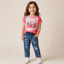 Girls Tie-Dye Graphic Tee and Distressed Jeans Set