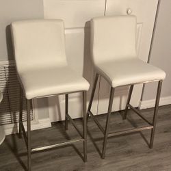 2 White Leather and Silver Bar Stools - $200 Total