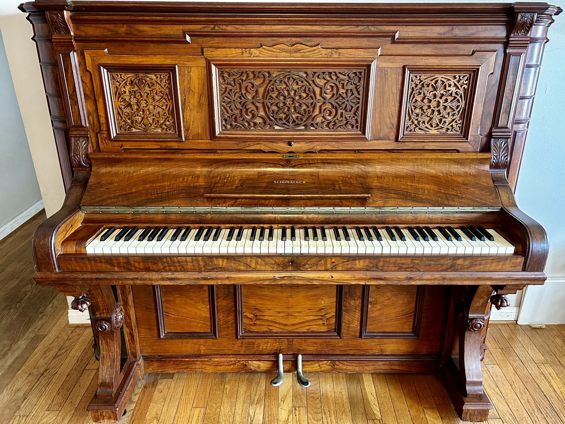 ANTIQUE SCHOMACKER GOLDSTRING UPRIGHT PIANO APRIL 2, 1878, BOOKMATCHED WALNUT