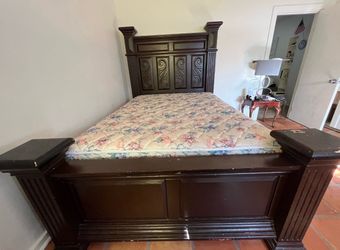 Dark Wood Queen Bed Frame with Headboard
