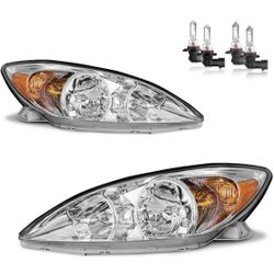 Headlights Assembly for 2002-2004 Toyota Camry LE XLE Headlamp Replacement Chrome Housing Amber Reflector Driver & Passenger Side (Chrome | With High 