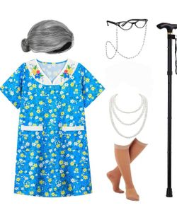 NEW! 100 School Days Old Lady Costume - Wig, Dress & Accessories, Size Kids Med 5-7 yrs