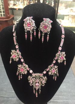 Silver Tone Pink Stones Necklace w/ Clip-on Earrings