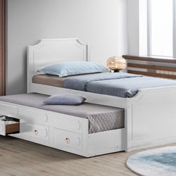 New! 🌟Twin/Twin White Wooden Platform Bed w/ Trundle (Mattresses are not Included)