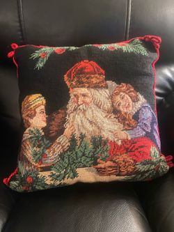 Vntg Needlepoint Xmas Pillow Cushion Santa & Children