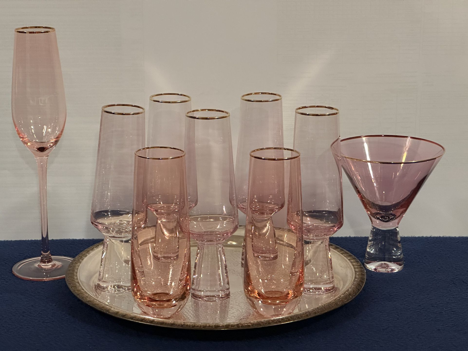 Gorgeous Vintage Pink with Gold Rim Glassware 10 Pieces