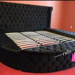 Best Price ! Color Options Blue/Gray/Black Luxus Velvet Tufted Delilah Circle Queen Upholstered Bed| 39$ Down Payment @ Fastest Delivery 🚚
