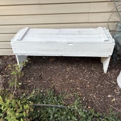 Antique vintage white handmade wooden Storage garden bench beautiful distressed repurpos Barnwood great to be used for display for weddings, parties, 