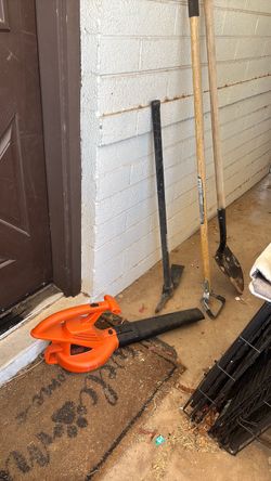 Yard tools, leaf blower, shovel, pick ax