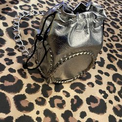 Vintage Silver Metallic Faux Leather Drawstring Bucket Bag With Chain Strap Or Best Offer