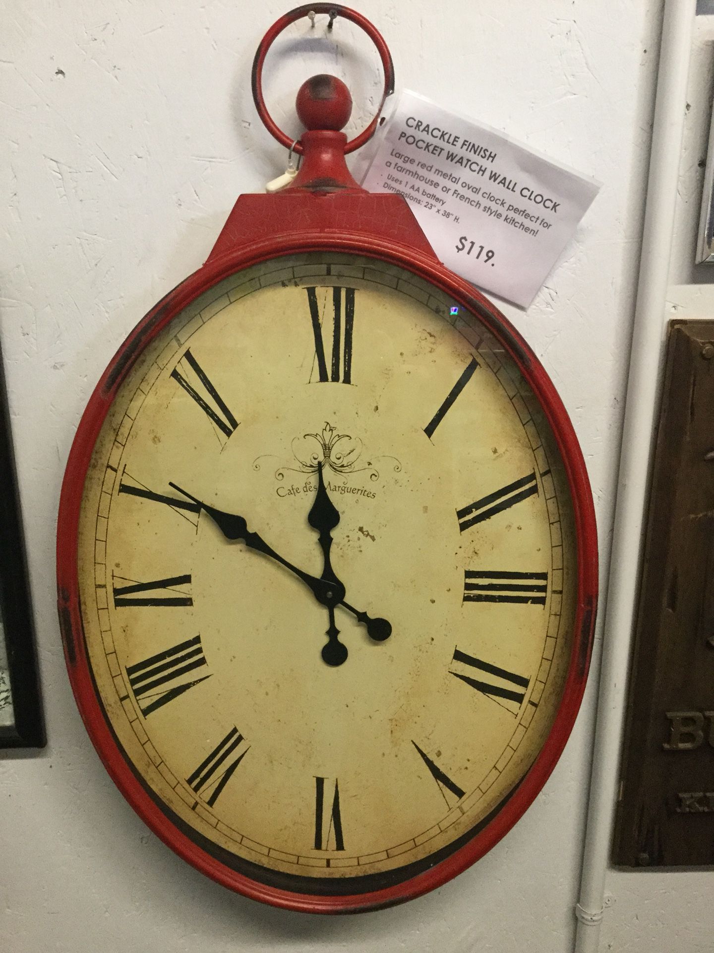 Crackle finish “pocket watch” large oval wall clock 38x23 inches