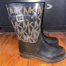 Michael Kors Women MK Logo Mid Rain Boots Rubber Bootie Black Brown Us Size 7.5