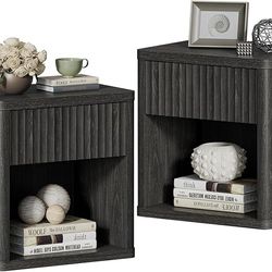 Night Stand Set of 2 Nightstands with Drawer Storage Fluted Bed Side Table End Table Large Modern Wide Bedside Mid Century Night Stands for Bedroom Li
