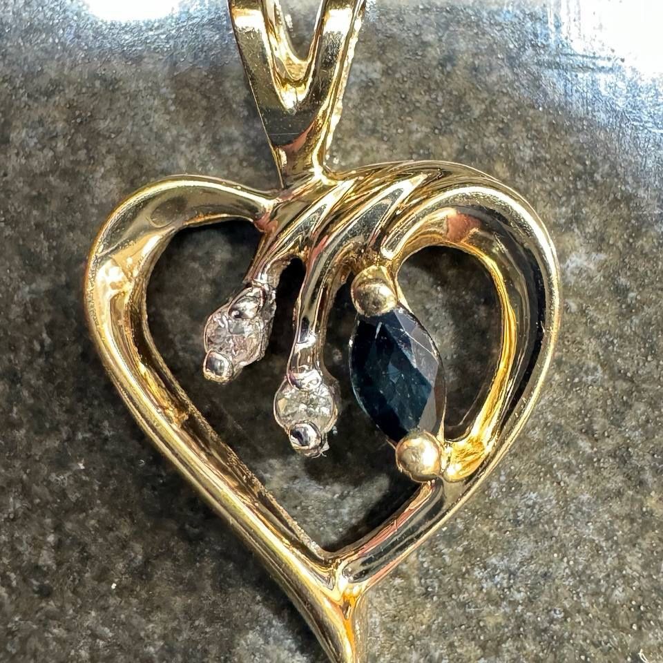 14k yellow gold diamond sapphire heart pendant charm