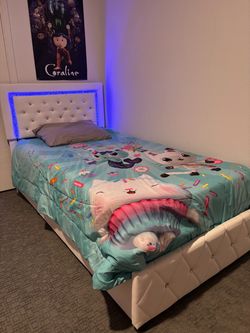 White Tufted Bed Frame with LED Headboard