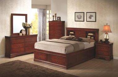 Cherry Brown Storage Platform Bedroom Set with Bookcase - Queen (NO CREDIT CHECK FINANCING AVAILABLE)